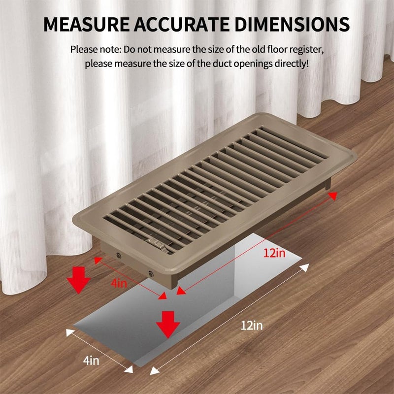 FanGoFast 4"" x 12"" (Duct Opening Size) Floor Register Brown 3 Pack Premium Steel Easy Adjust Floor Vent Cover for Home - Image 3